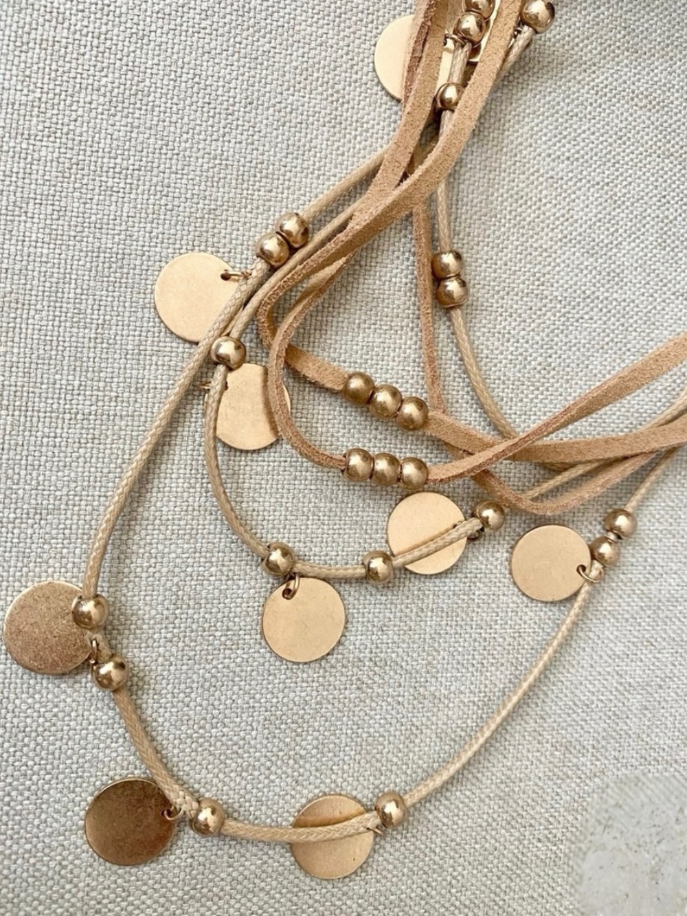 Tan Suede Leather Necklace with Gold Beads & Discs 20” - Picture 3 of 6